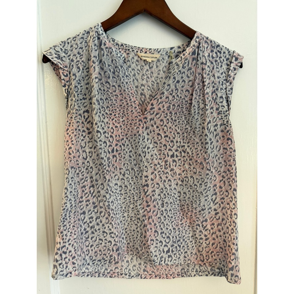 Rebecca Taylor Blouse Womens 0 Silk Leopard Print Cap Sleeve V-Neck Pink Grey